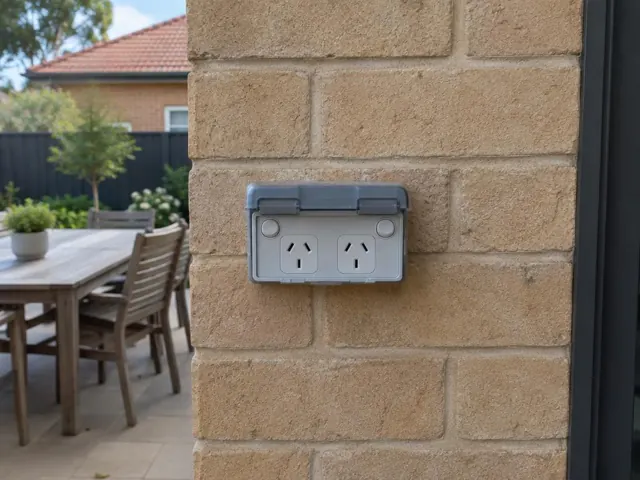 Outdoor double power point on a stone exterior wall beside a patio in The Junction