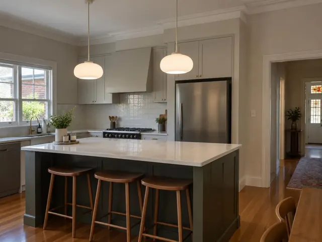 Kitchen island with two pendant lights, white cabinetry and stone benchtop in Adamstown
